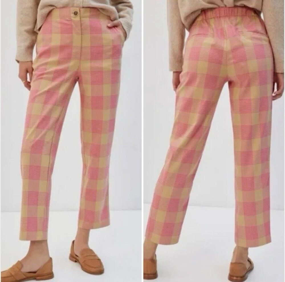 Anthropologie Maeve Tapered Pull-On Plaid Pants Pink Tan 6 Academia Preppy